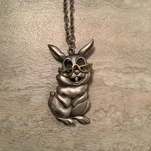 New vintage Pewter bunny Rabbit giant pendant statement necklace